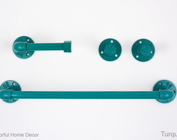 Farmhouse Bathroom Accessories 4pcs Set, Pipe Towel Rack, Rustic Towel Hooks, Farmhouse Decor, Turquoise Bathroom Set