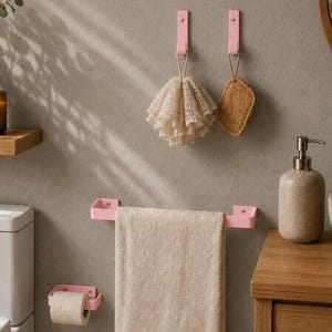 Set di accessori da bagno pastello: portarotolo, portasciugamani e ganci per un bagno organizzato e luminoso, colore come in foto - Rosa pastello