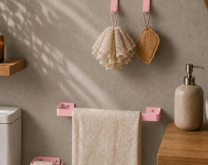 Pastel Bathroom Accessories Set – Toilet Paper Holder, Towel Rack & Hooks for Bright Bathroom Organization, Color Pictured - Pastel Pink