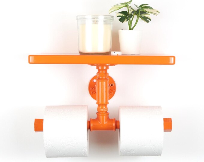 Double Toilet Paper Holder with Shelf - Colorful Bathroom Accessory for Convenient Storage, Color Pictured – Orange Gloss