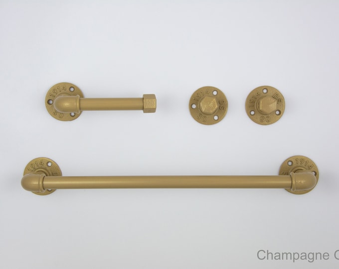 Steampunk Bathroom Accessories 4pcs Set, Includes Towel Rack, Two Towel Hooks, Toilet Paper Holder. Pipe Bathroom Set