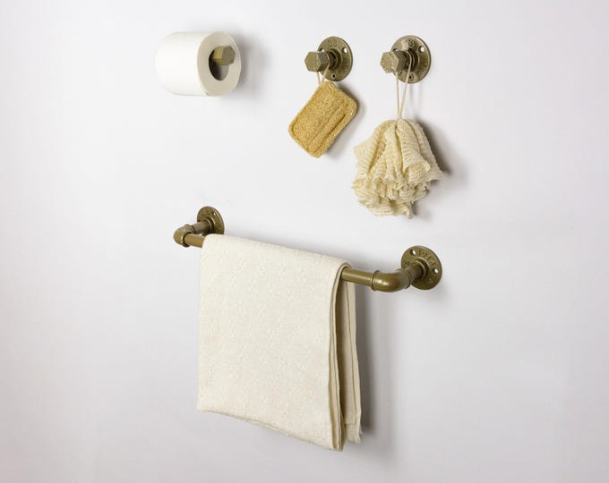 Steampunk Bathroom Accessories 4pcs Set, Includes Towel Rack, Two Towel Hooks, Toilet Paper Holder, Pipe Bathroom Set