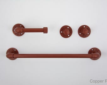 Juego de 4 accesorios de baño rústicos, toallero de tubo, ganchos rústicos para toallas, decoración rústica, juego de baño de tubo
