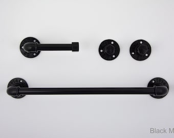 Steampunk Bathroom Accessories 4pcs Set, Includes Towel Rack, Two Towel Hooks, Toilet Paper Holder. Pipe Bathroom Set