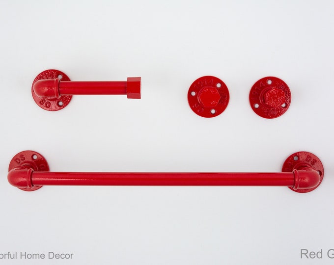 Industrial Bathroom Accessories 4pcs Set, Toilet Paper Holder, Pipe Towel Holder, Pipe Hooks, Red Gloss Bathroom Set