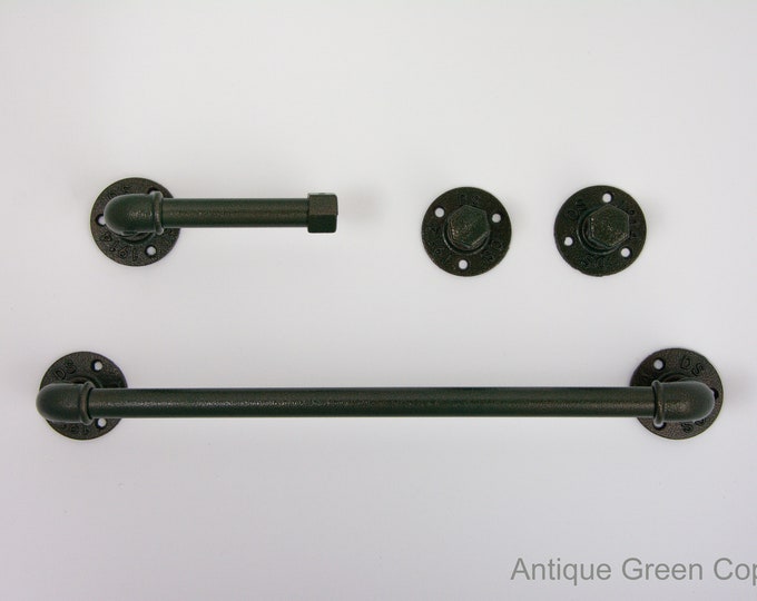 Steampunk Bathroom Accessories 4pcs Set, Includes Towel Rack, Two Towel Hooks, Toilet Paper Holder. Pipe Bathroom Set