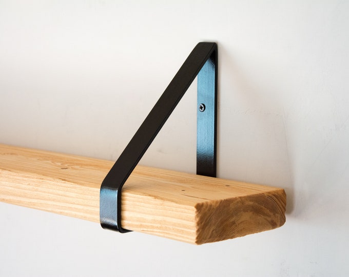 19.5cm Deep Shelf Light Pine Rustic Chunky Wooden Shelf with Black Triangle Brackets - Solid Rustic Shelf - Heavy Duty Shelf -