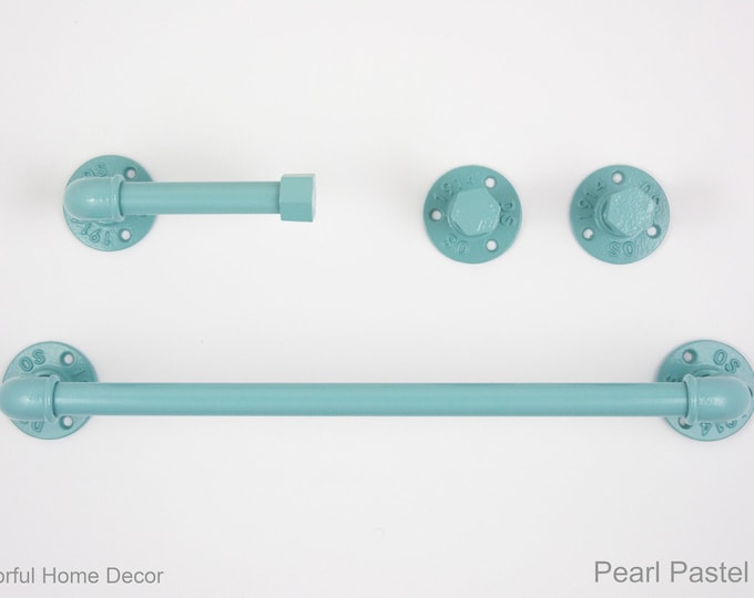 Steampunk Bathroom Accessories 4pcs Set, Includes Towel Rack, Two Towel Hooks, Toilet Paper Holder, Pipe Bathroom Set