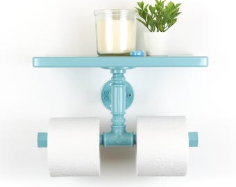 Double Toilet Paper Holder with Shelf – Pastel Bathroom Organizer for Convenient Storage – Unique Gift, Color Pictured – Pearl Pastel Blue