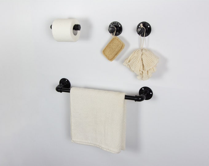 Steampunk Bathroom Accessories 4pcs Set, Includes Towel Rack, Two Towel Hooks, Toilet Paper Holder. Pipe Bathroom Set, FREE SHIPPING