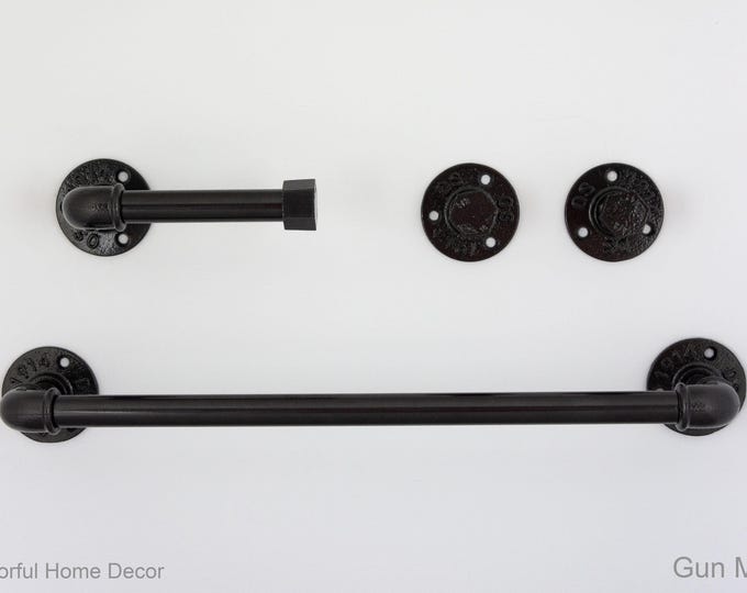 Steampunk Bathroom Accessories 4pcs Set, Includes Towel Rack, Two Towel Hooks, Toilet Paper Holder. Pipe Bathroom Set