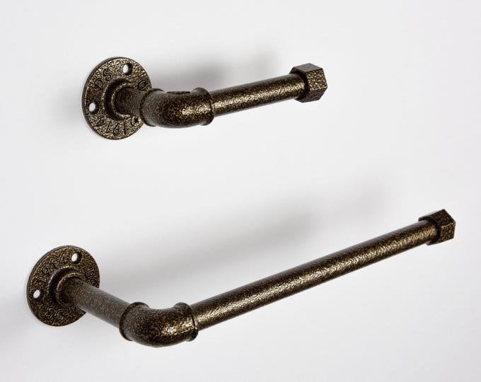 Toilet Paper Holder, Paper Towel Holder, Towel Rack, Industrial Bathroom, Space Saver, Color Pictured Antique Gold