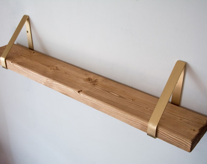 Light Brown Rustic Chunky Solid Wooden Wall Shelf with Gold Triangle Brackets - Solid Rustic Shelving - Heavy Duty Shelf - 14.5cm Deep Shelf