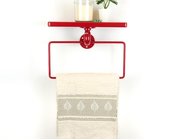 Hand Towel Square Ring with Shelf – Stylish Wall Mounted Bathroom Organizer for Towels & Essentials, Color Pictured - Red Gloss