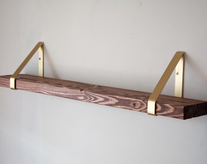 Cedar Rustic Chunky Solid Wooden Wall Shelf with Gold Triangle Brackets - Solid Rustic Shelving - Heavy Duty Shelf - 14.5cm Deep Shelf