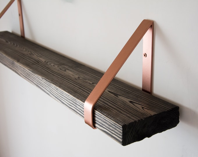 Black Rustic Chunky Solid Wooden Wall Shelf with Copper Triangle Brackets - Solid Rustic Shelving - Heavy Duty Shelf - 14.5cm Deep Shelf