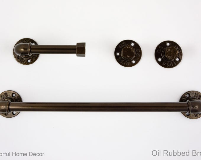 Industrial Bathroom Accessories 4pcs Set, Toilet Paper Holder, Pipe Towel Holder, Pipe Hooks, Oil Rubbed Bronze Bathroom Set