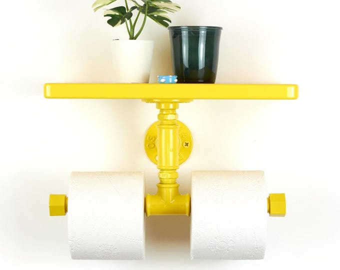 Double Toilet Paper Holder with Shelf – Color Pictured Yellow Gloss - Modern Wall Mounted Bathroom Organizer, Functional Storage