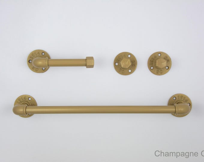 Steampunk Bathroom Accessories 4pcs Set, Includes Towel Rack, Two Towel Hooks, Toilet Paper Holder. Pipe Bathroom Set