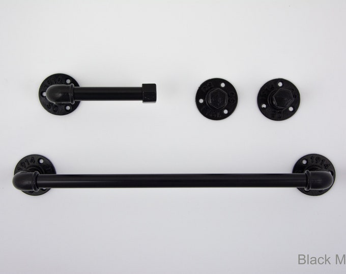 Steampunk Bathroom Accessories 4pcs Set, Includes Towel Rack, Two Towel Hooks, Toilet Paper Holder. Pipe Bathroom Set