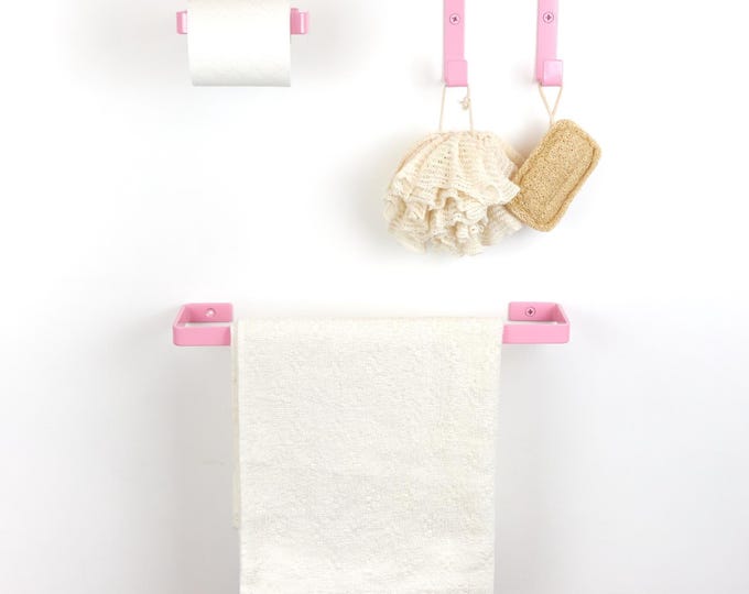 Pastel Bathroom Accessories Set – Toilet Paper Holder, Towel Rack & Hooks for Bright Bathroom Organization, Color Pictured - Pastel Pink