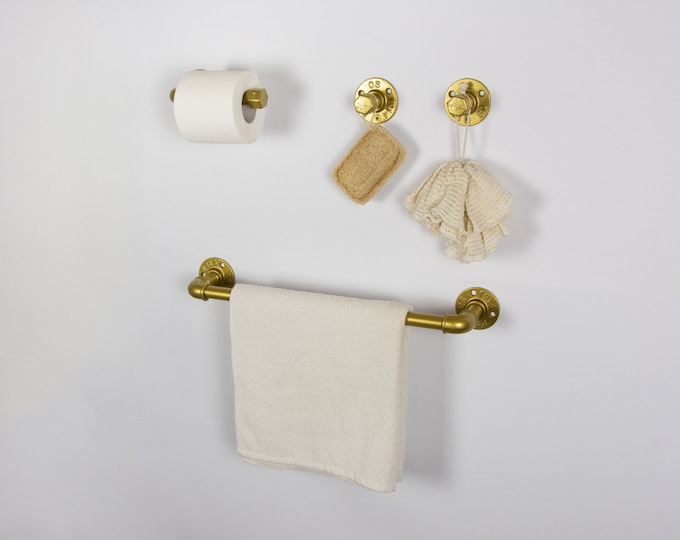 Farmhouse Bathroom Accessories 4pcs Set, Pipe Towel Rack, Rustic Towel Hooks, Farmhouse Decor, Gold Bathroom Set, FREE SHIPPING