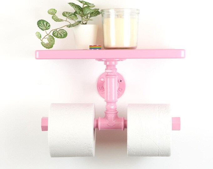 Double Toilet Paper Holder with Shelf - Stylish Bathroom Organizer for Easy Access, Color Pictured - Pastel Pink