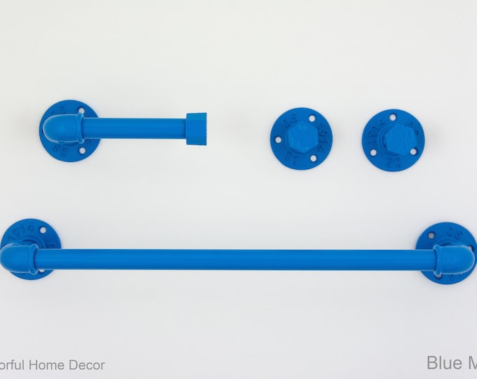 Farmhouse Bathroom Accessories 4pcs Set, Pipe Towel Rack, Rustic Towel Hooks, Farmhouse Decor, Blue Matte Bathroom Set