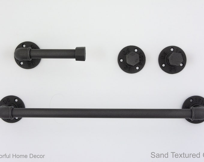 Steampunk Bathroom Accessories 4pcs Set, Includes Towel Rack, Two Towel Hooks, Toilet Paper Holder. Pipe Bathroom Set