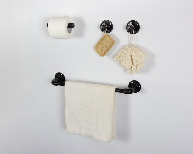 Steampunk Bathroom Accessories 4pcs Set, Includes Towel Rack, Two Towel Hooks, Toilet Paper Holder. Pipe Bathroom Set, FREE SHIPPING