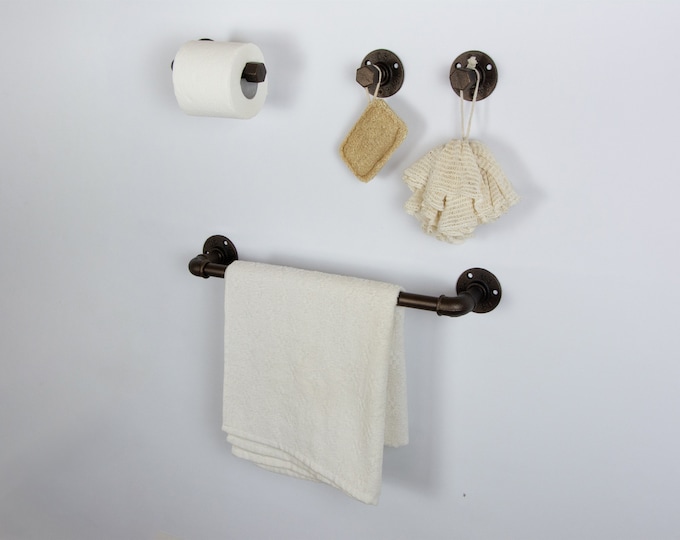 Farmhouse Bathroom Accessories 4pcs Set, Pipe Towel Rack, Rustic Towel Hooks, Farmhouse Decor, Pipe Bathroom Set, FREE SHIPPING