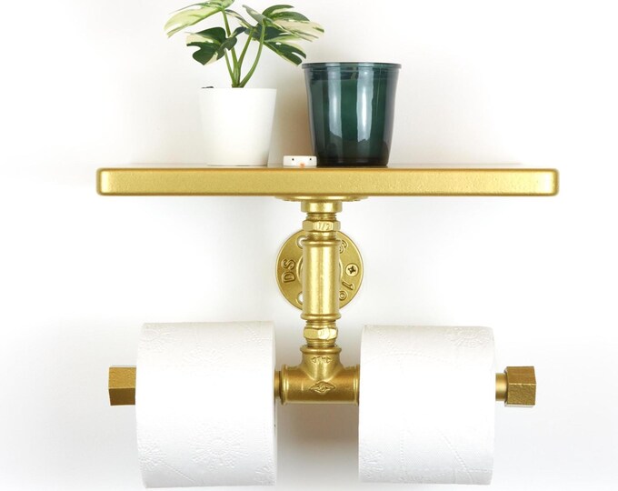 Double Toilet Paper Holder with Shelf - Modern Bathroom Storage for Toilet Paper & Items, Color Pictured -  Gold/Brass