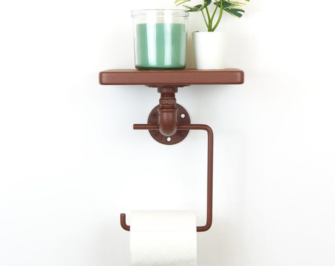 Toilet Paper Roll Holder with Shelf, Rustic Design for Stylish Bathroom Storage, Color Pictured - Rust Effect