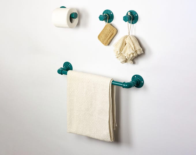 Farmhouse Bathroom Accessories 4pcs Set, Pipe Towel Rack, Rustic Towel Hooks, Farmhouse Decor, Turquoise Bathroom Set