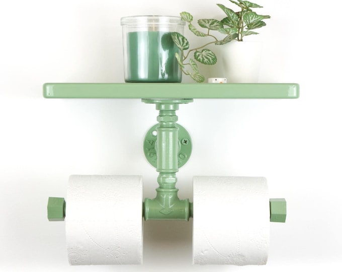 Double Toilet Paper Holder with Shelf - Pastel Bathroom Organizer for Storage and Accessibility, Color Pictured - Pale Green