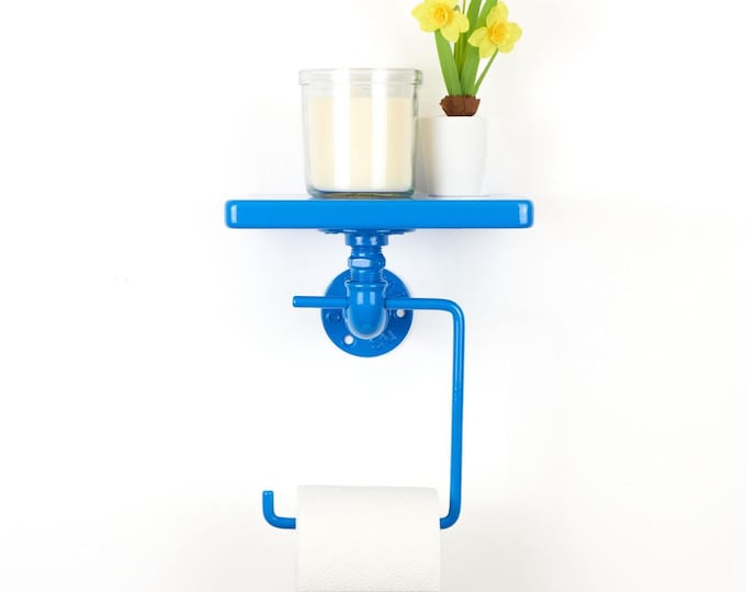 Wall Mounted Toilet Paper Holder With Shelf - Bathroom Storage Shelf, Modern Decor Accent, Color Pictured - Blue