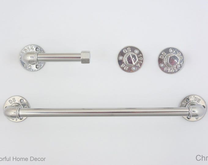 Industrial Bathroom Accessories 4pcs Set, Toilet Paper Holder, Pipe Towel Holder, Pipe Hooks, Chrome Bathroom Set