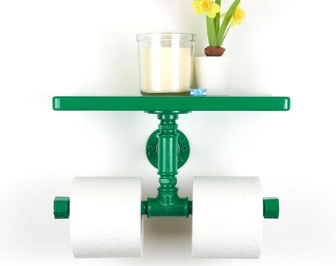 Double Toilet Paper Holder with Shelf – Modern Wall Organizer for Toilet Paper and Essentials, Color Pictured - Dark Green Gloss