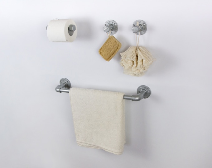 Pipe Bathroom Set 4pcs , Pipe Towel Rack, Toilet Roll Holder, Towel Hook, Wall Hook, Industrial Bathroom, Home Organization, FREE SHIPPING