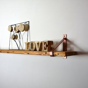 Unique Wood Shelf with Steel Bracket - 32&quot; x 8&quot; - Newest Design Brackets - Copper Brackets - Brown Shelf - Unique Shelving - Home Shelf