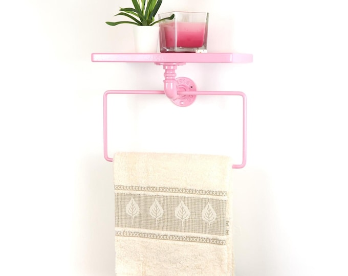 Towel Holder with Shelf - Stylish Bathroom Storage Solution Bathroom Essentials - Gift for New Home, Color Pictured - Pastel Pink
