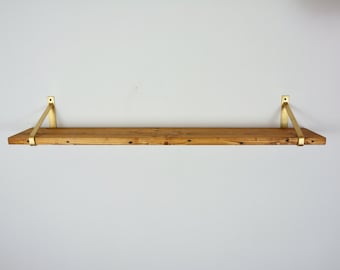 Unique Wood Shelf with Steel Bracket - 32" x 8" - Newest Design Brackets - Home Shelf - Gold/Brass Brackets - Brown Shelf - Unique Shelving