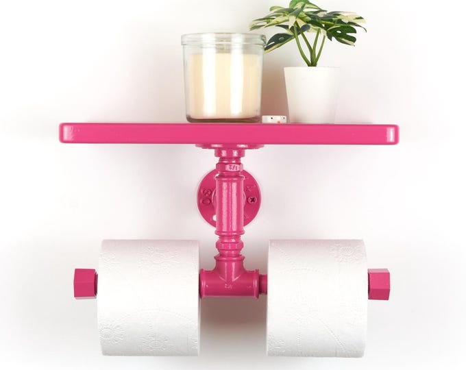 Vibrant Double Toilet Paper Holder with Shelf – Functional Bathroom Storage Solution – Great Gift for New Home, Color Pictured - Hot Pink