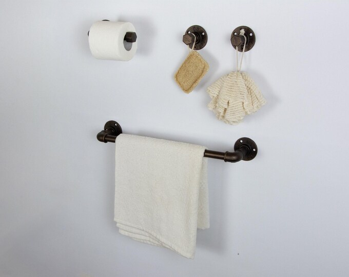 Farmhouse Bathroom Accessories 4pcs Set, Pipe Towel Rack, Rustic Towel Hooks, Farmhouse Decor, Pipe Bathroom Set, FREE SHIPPING