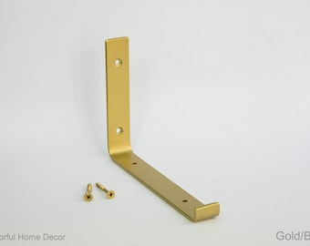 Soportes de acero con recubrimiento en polvo dorado/latón - Diseño en J más reciente - Soportes resistentes - Soportes para estantes - Estanterías abiertas - Tornillos incluidos