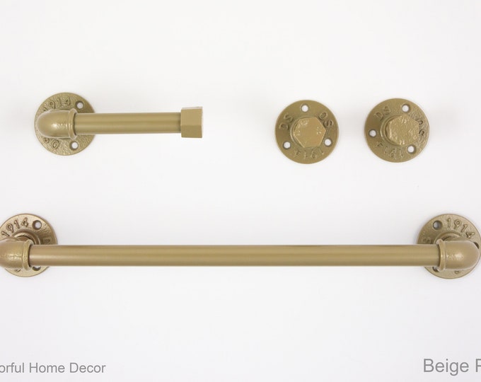 Steampunk Bathroom Accessories 4pcs Set, Includes Towel Rack, Two Towel Hooks, Toilet Paper Holder, Pipe Bathroom Set