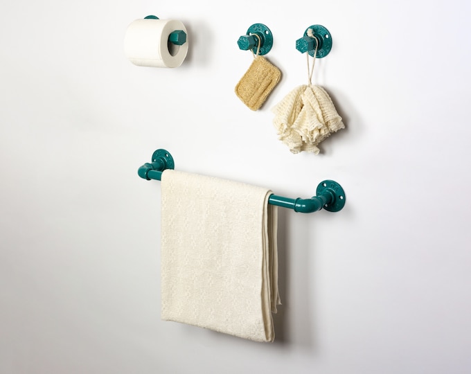 Farmhouse Bathroom Accessories 4pcs Set, Pipe Towel Rack, Rustic Towel Hooks, Farmhouse Decor, Turquoise Bathroom Set