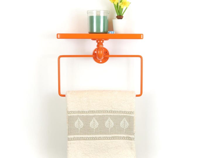 Minimalist Towel Holder with Shelf – Modern Bathroom Organizer for Towels & Essentials, Stylish Home Decor, Color Pictured - Orange Gloss