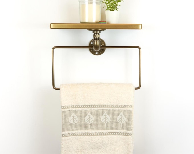Towel Hanger with Shelf - Modern Bathroom Towel Holder and Storage Solution, Ideal Gift for Home Decor, Color Pictured - Aged Brass