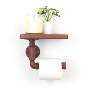 Rustic Toilet Paper Roll Holder with Shelf, Charming Farmhouse Decor, Color Pictured Rust Effect